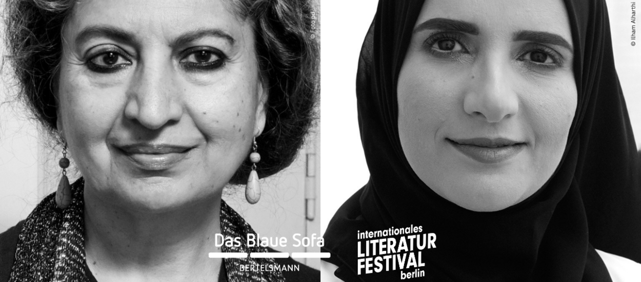 Schwarz-Weiß-Portrait Geetanjali Shree & Jokha Alharthi und die Logos Das Blaue Sofa, internationalen literaturfestival berlin 